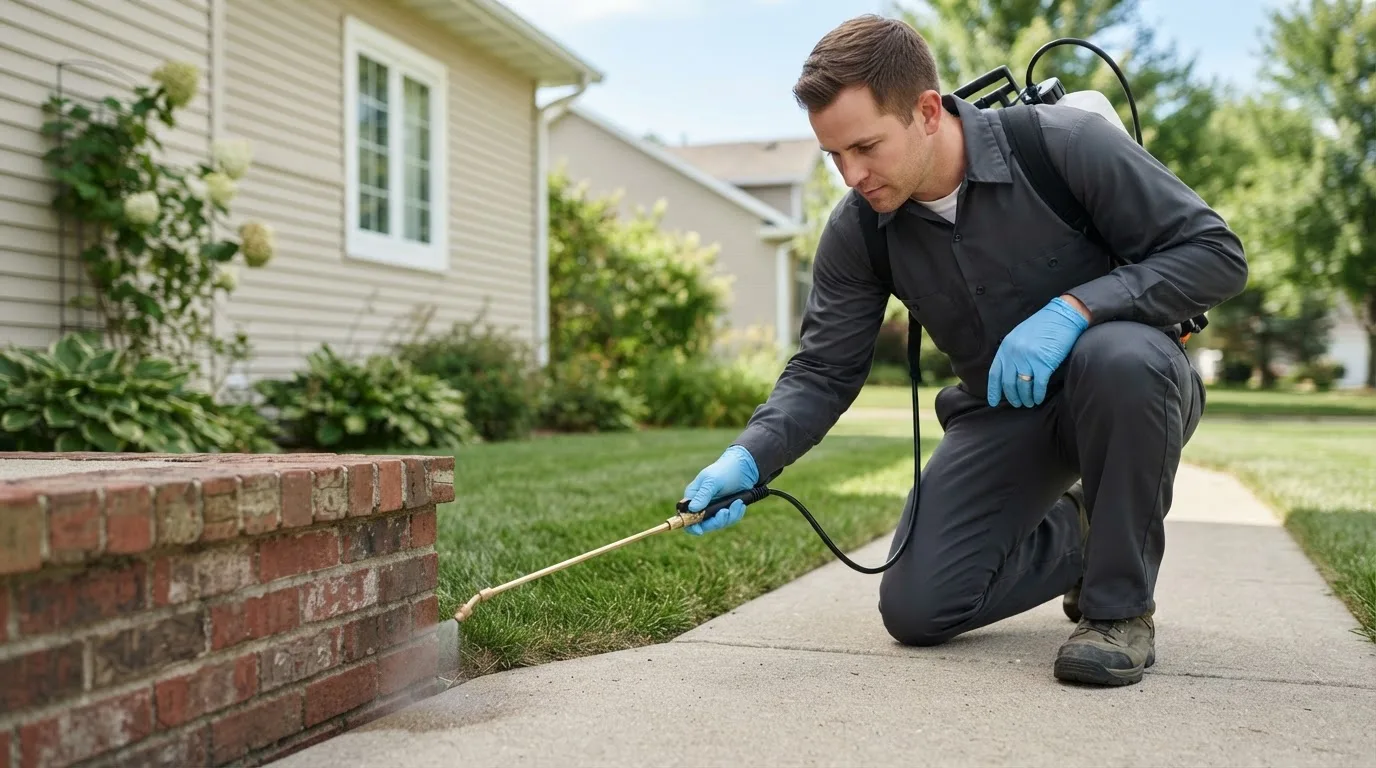 Pest control technician treating a home near Stacyville, IA