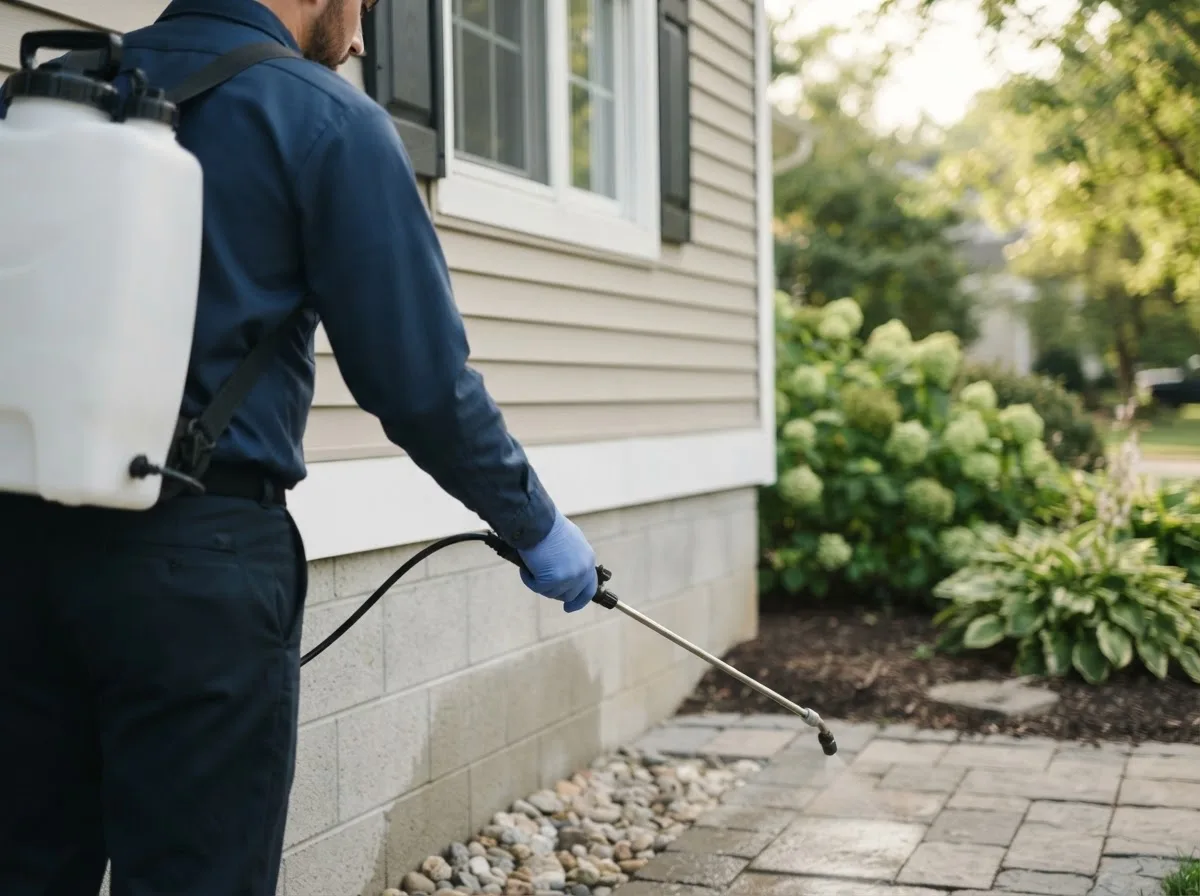 Pest control technician inspecting a home in Stacyville, IA